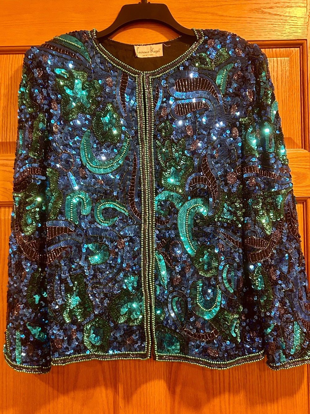 Laurence Kazar Sequined, Beaded Jacket Teal, Royal Blue, Black - Large Vintage